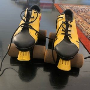 Vintage quad roller skates, size 7, red yellow black